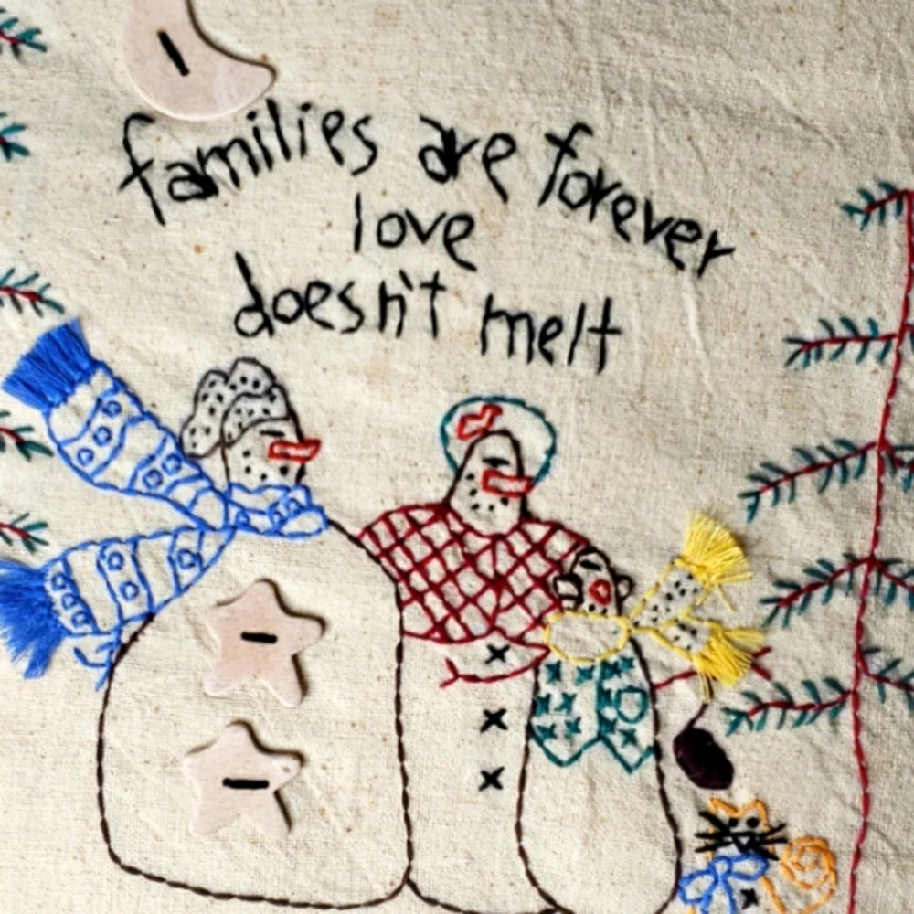 Holiday Pillow 'Families are forever love doesn't melt' Stiched Snow Family Farm